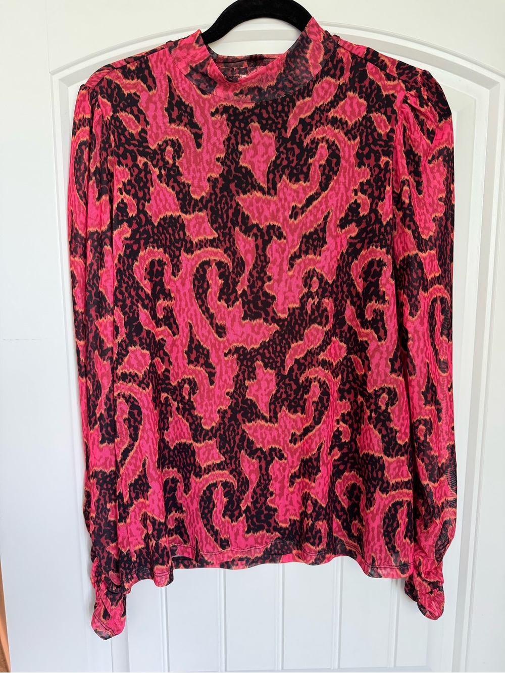 Womens Coral and Black Printed Long-Sleeve Blouse